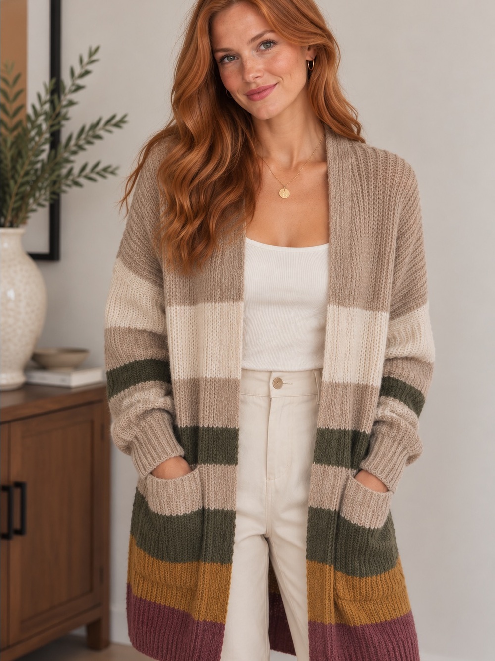 Altar'd State Neutral Multi-Stripe Open Cardigan
